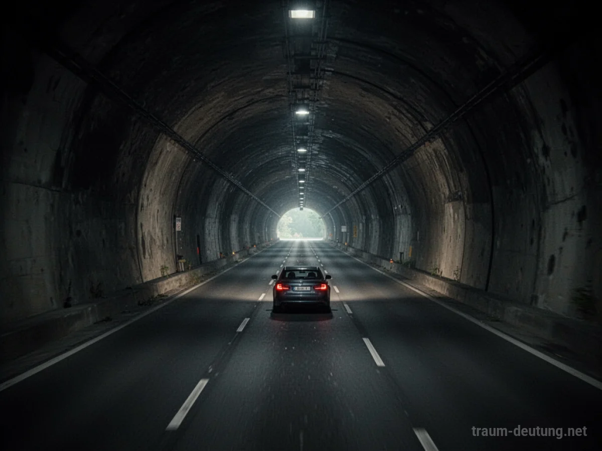 Auto fährt durch einen langen, dunklen Tunnel mit Licht am Ende.