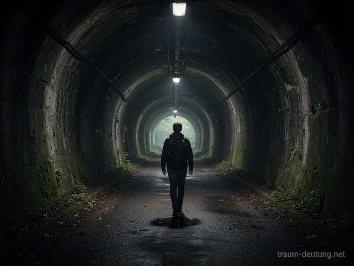 Eine Person geht durch einen dunklen Tunnel auf ein Licht zu.