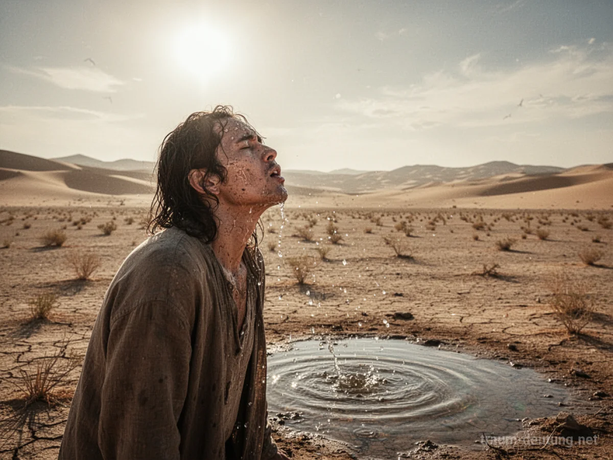 Eine Person sucht verzweifelt nach Wasser in einer ausgetrockneten Wüstenlandschaft.