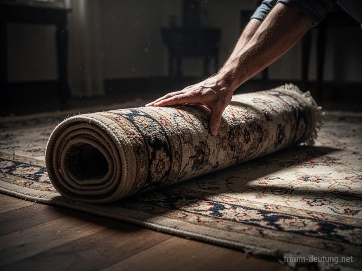 Eine Hand rollt einen großen Teppich sorgfältig zusammen.