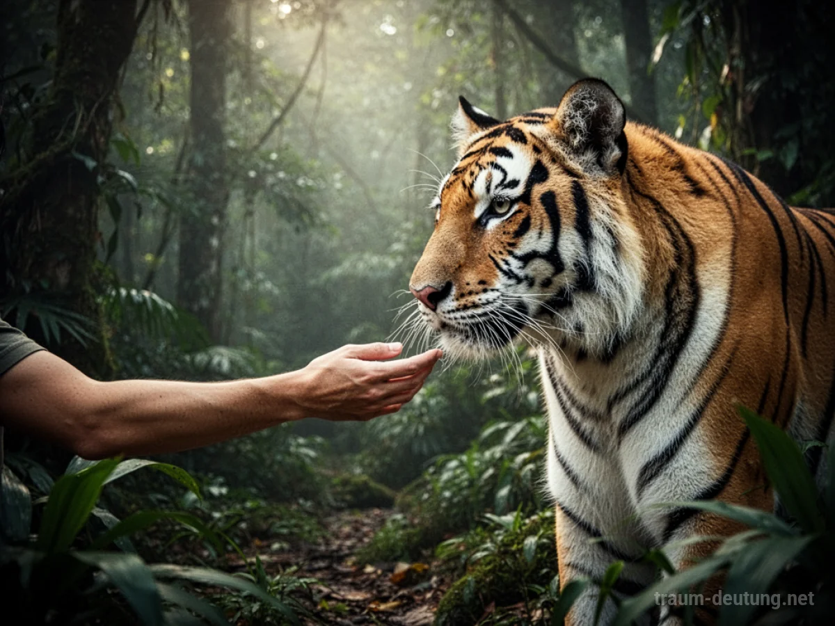Eine Hand streichelt sanft das Fell eines Tigers in einem Dschungel.