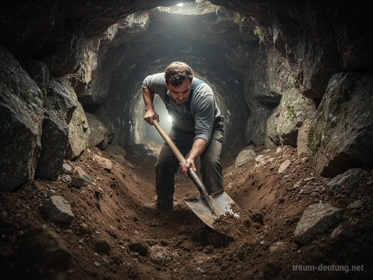Eine Person gräbt einen Tunnel mit einer Schaufel, Licht am Ende.