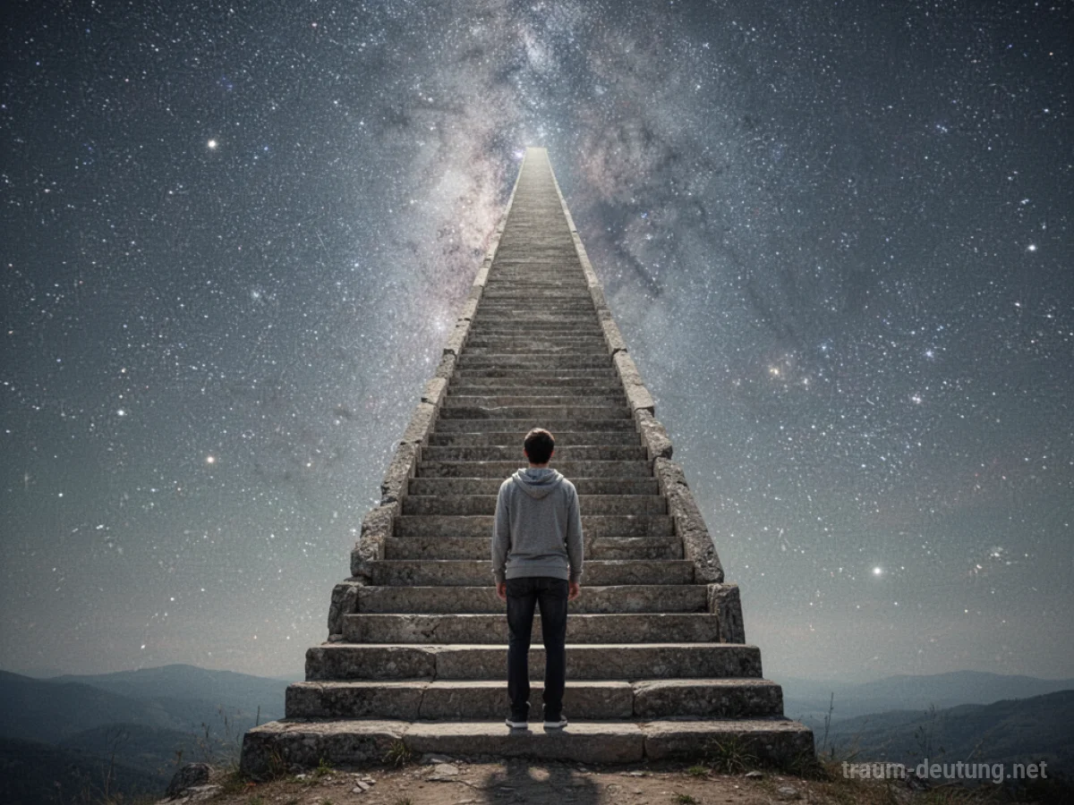 Eine Person steht am Fuß einer unendlich langen Treppe, die in den Sternenhimmel führt.