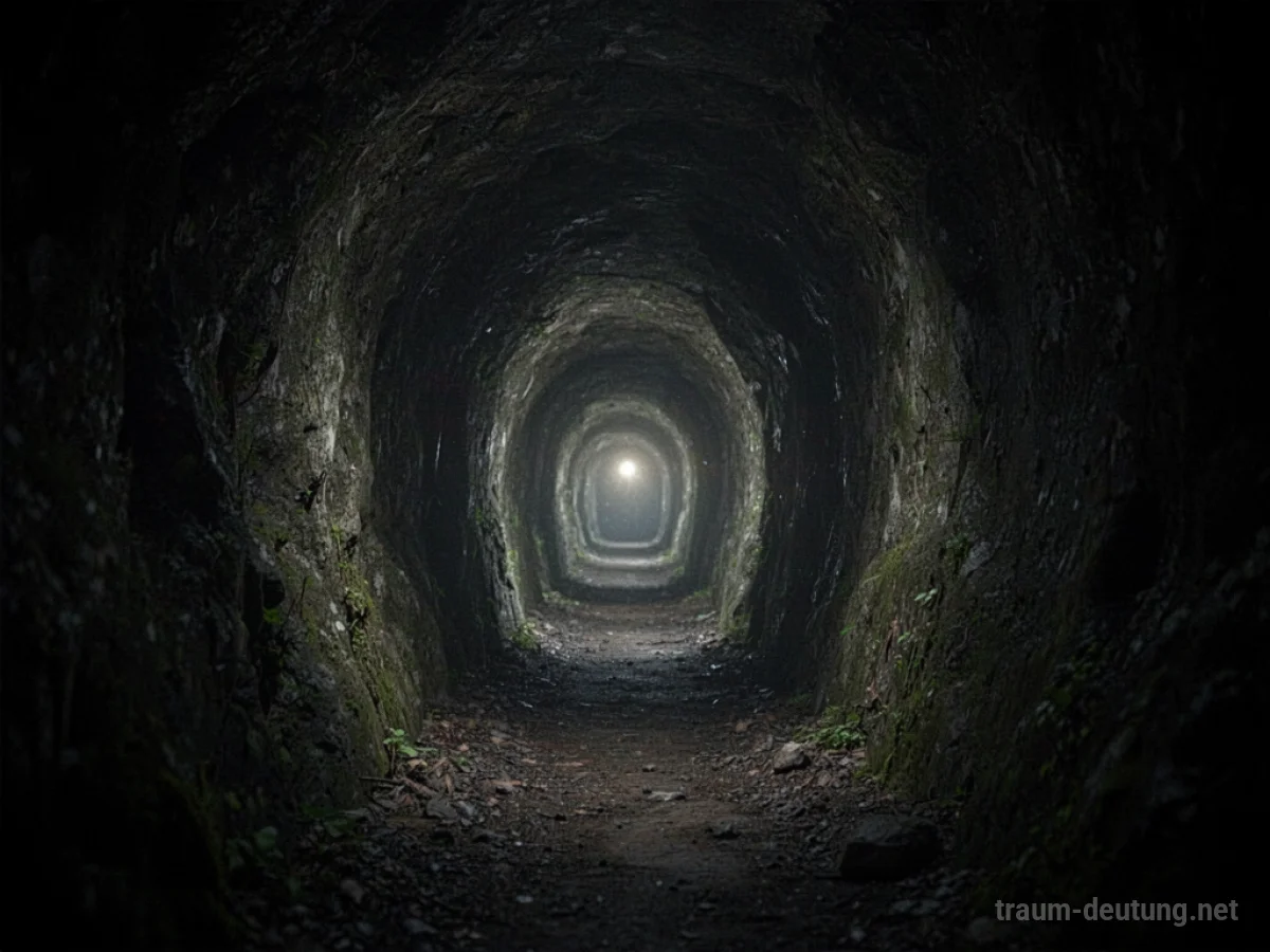 Blick durch einen sehr engen, dunklen Tunnel auf das ferne Licht am Ausgang.