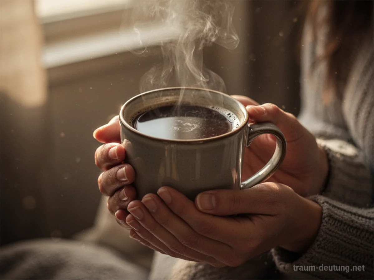 Eine dampfende Tasse mit einem dunklen Getränk in Händen, warmes Licht.