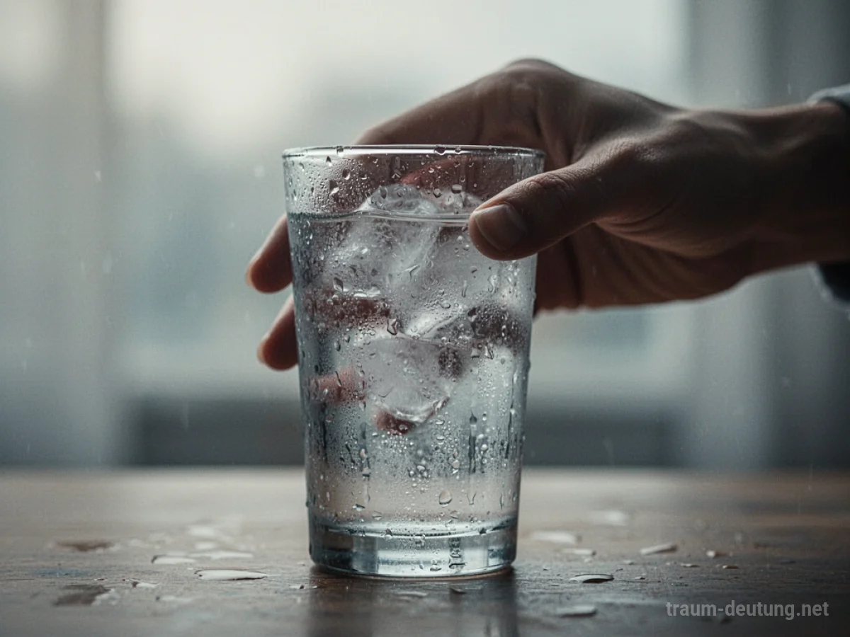 Hand greift nach einem Glas eiskaltem Wasser.