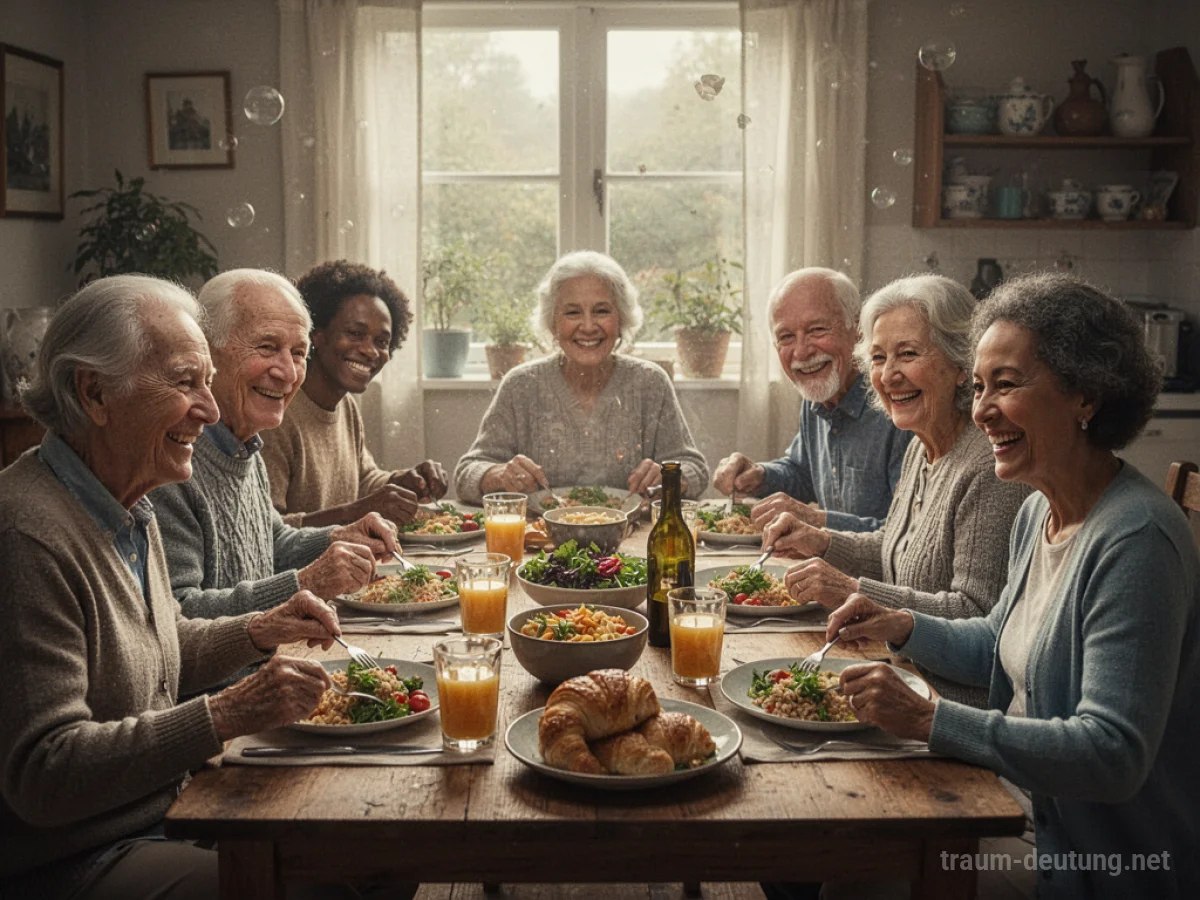 Familie beim gemeinsamen Essen und Lachen, dargestellt in einem warmen Licht.