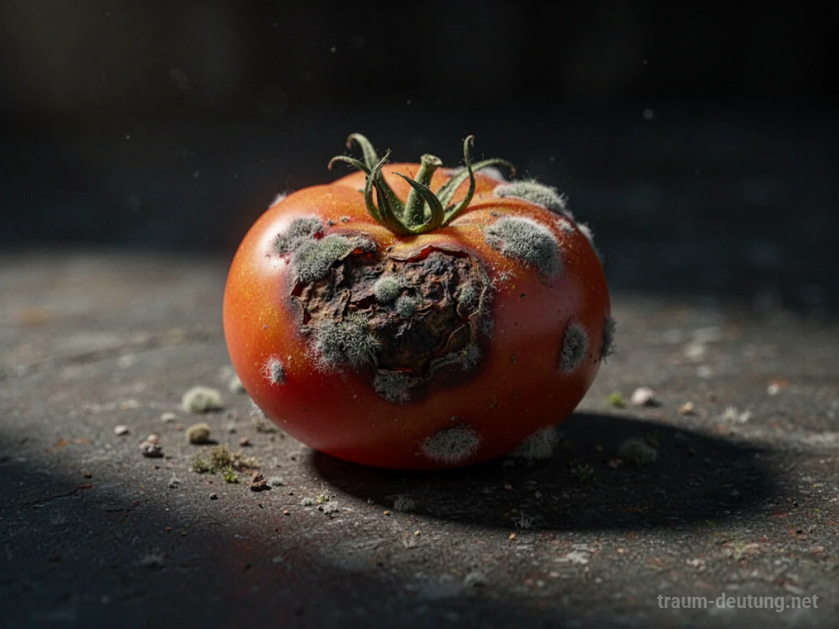 Eine einzelne, sichtlich verrottete Tomate auf dunklem Untergrund