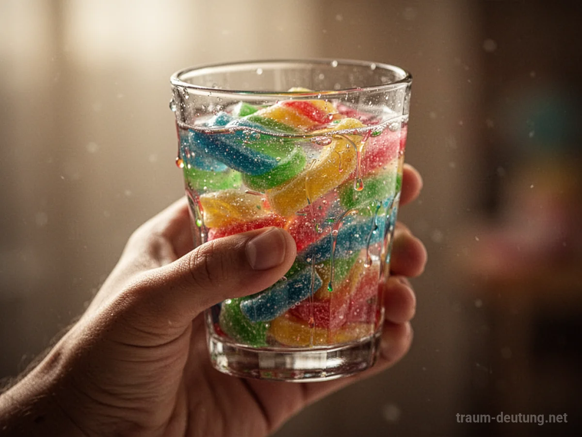 Eine Hand hält ein Glas mit bunter, dickflüssiger Süßigkeit im Traum.