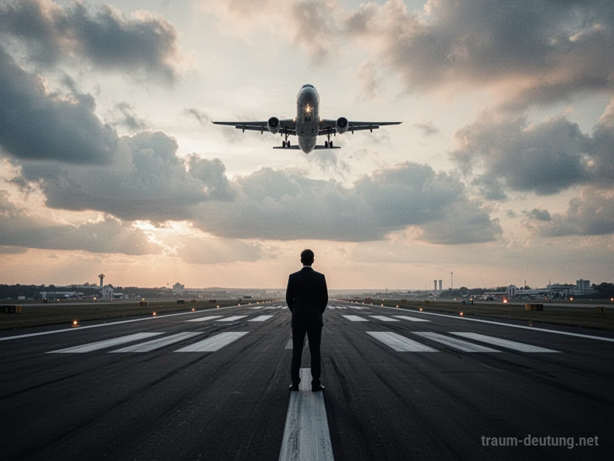 Silhouette einer Person, die am Flughafen ein startendes Flugzeug beobachtet.