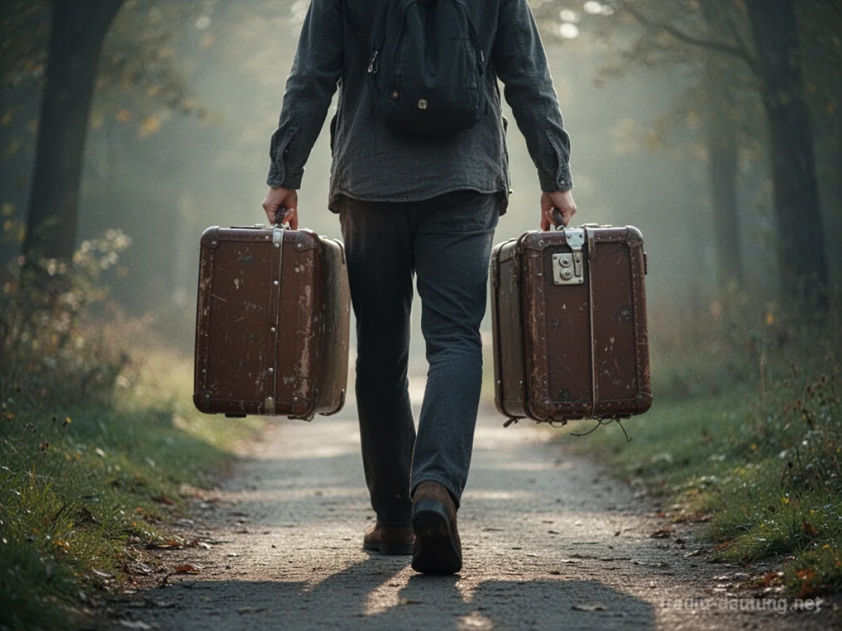 Person trägt eine schwere, alte Tasche auf einem Weg