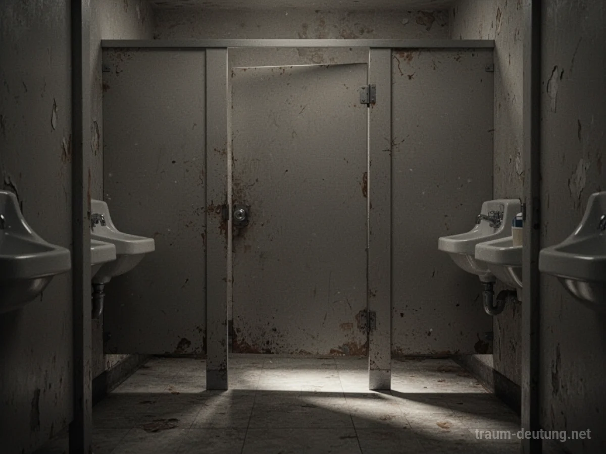 Eine öffentliche Toilettenkabine mit geschlossener Tür im Halbdunkel.