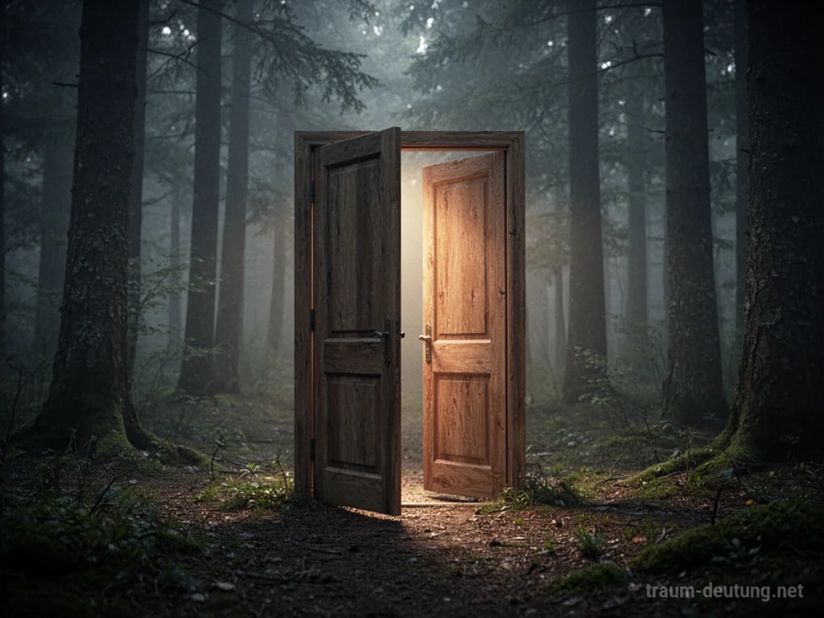 Eine leicht geöffnete Tür in einem nebligen Wald, Licht scheint heraus.