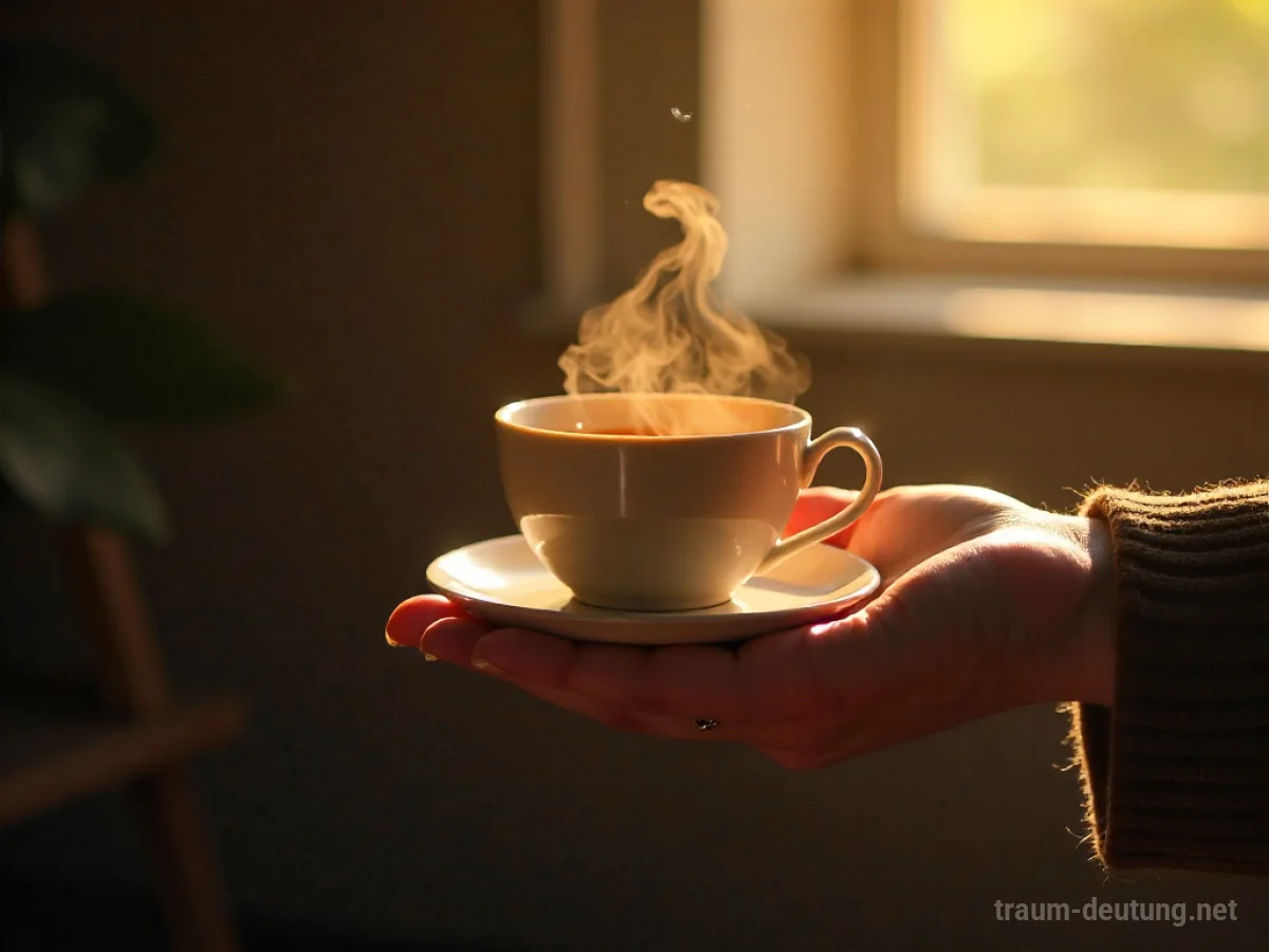 Eine Hand reicht eine Tasse Tee an eine andere Hand, die sich entgegenstreckt.