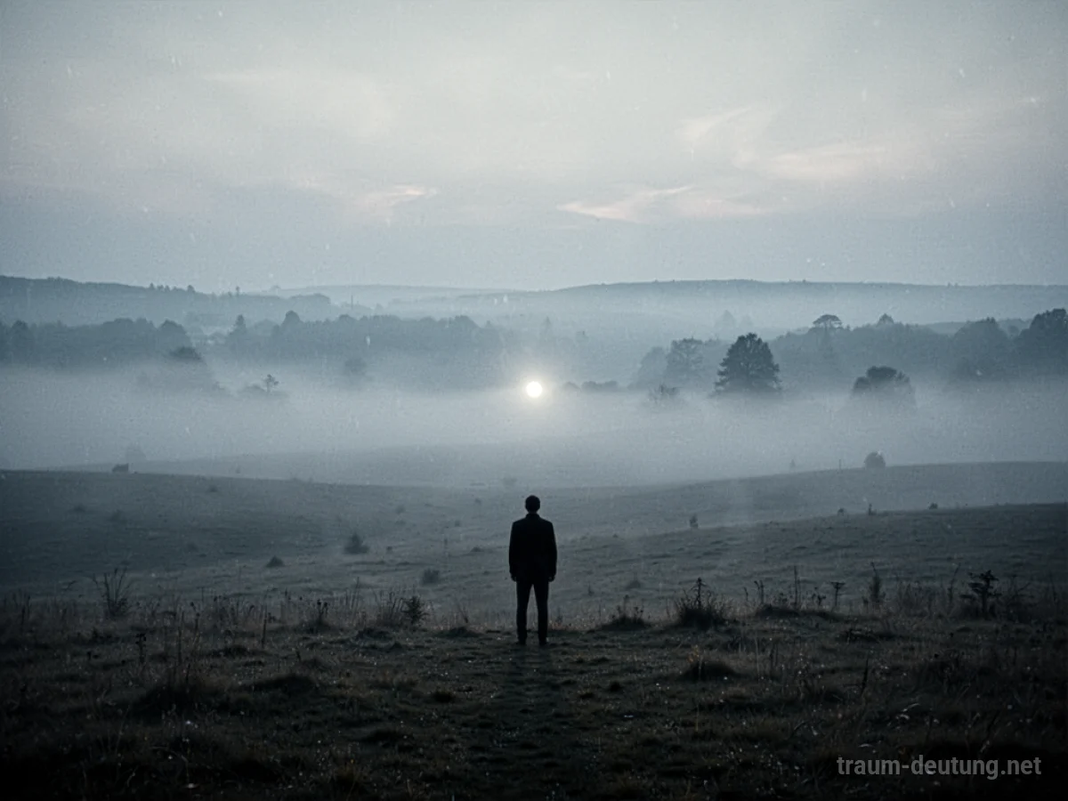 Silhouettenfigur am Rande einer nebligen Landschaft blickt auf ein fernes Licht.