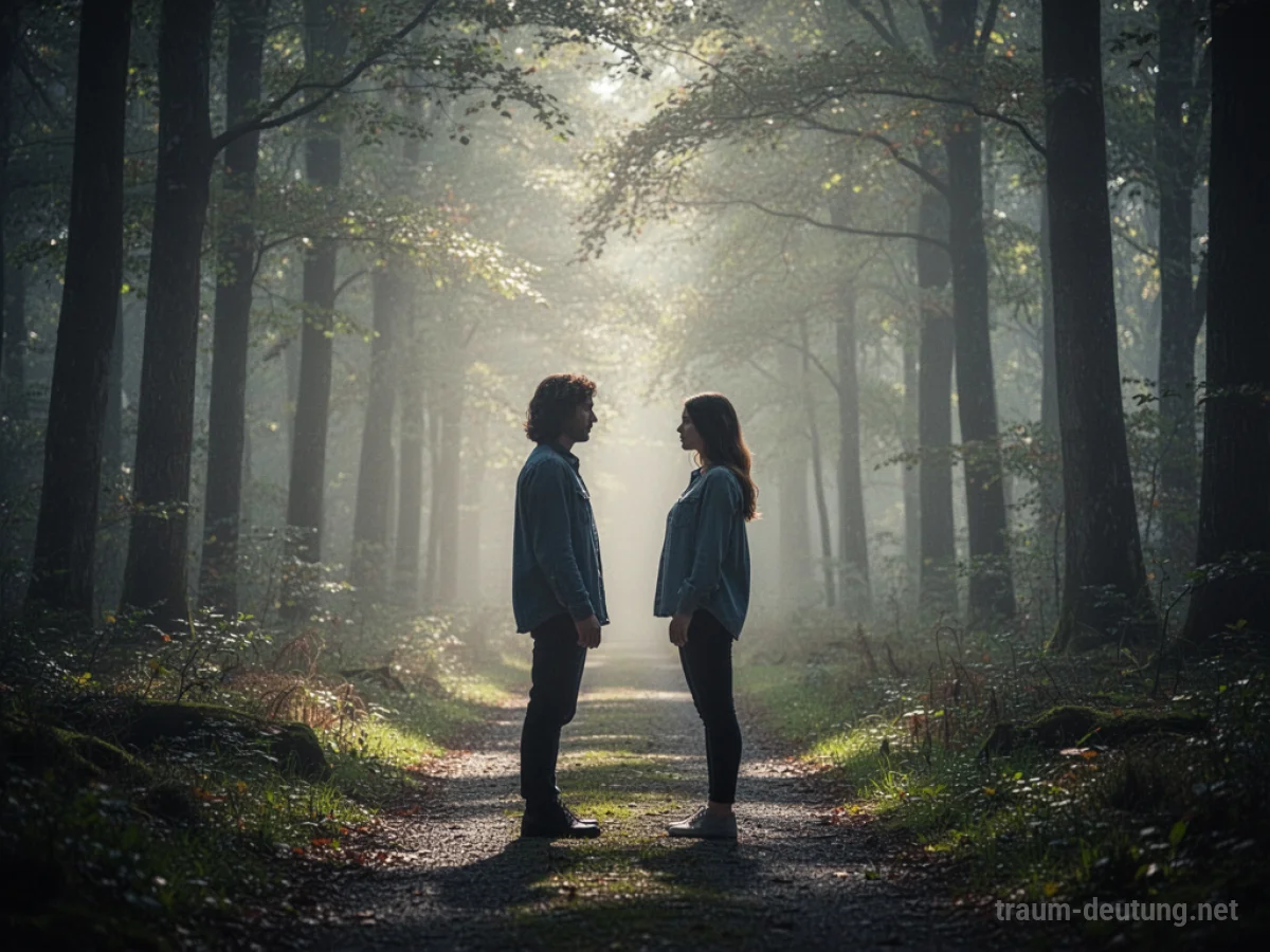 Zwei Silhouetten treffen sich auf einem Weg in einem nebligen Wald.