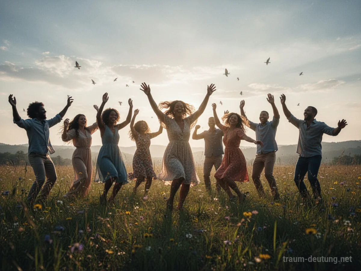 Menschen tanzen fröhlich auf einer sonnigen Wiese.