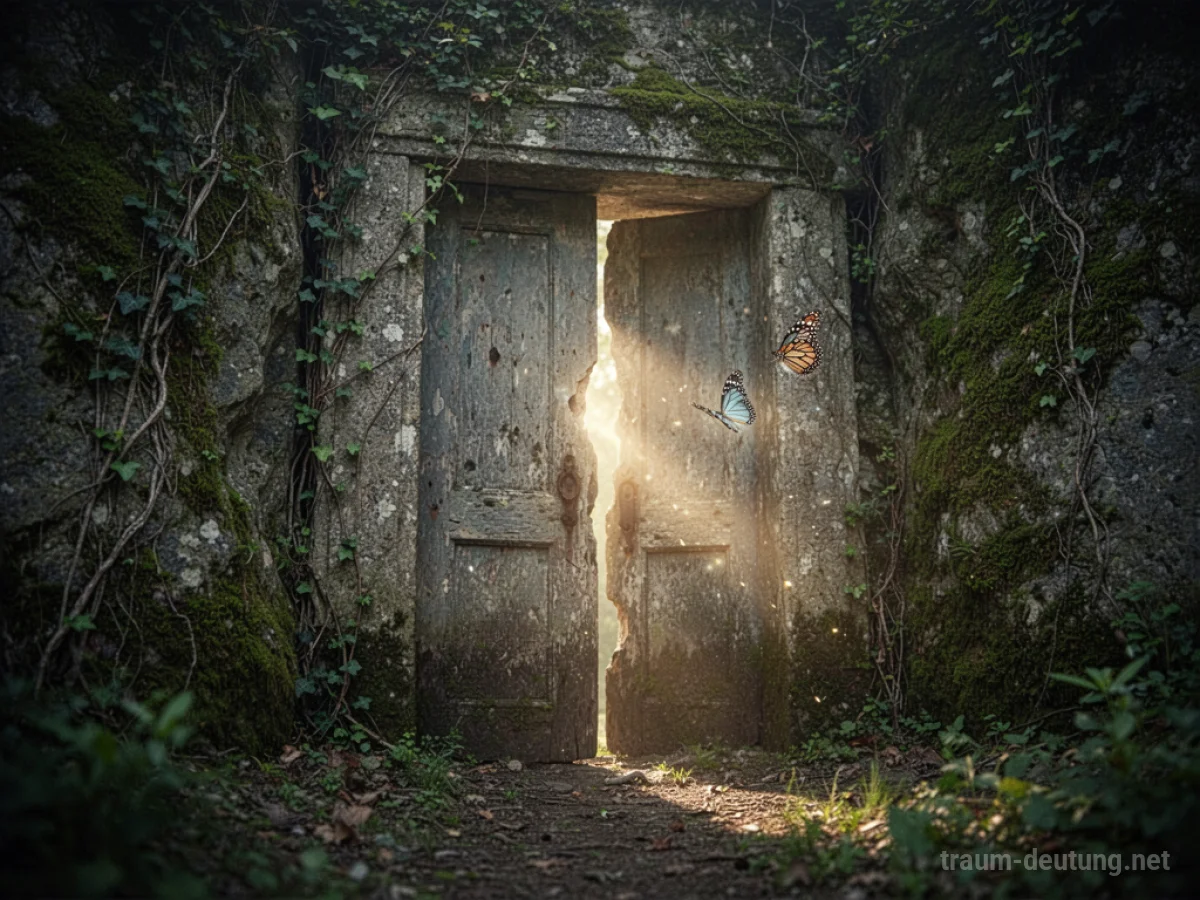 Eine alte, moosbewachsene Steintür in einer Felswand, durch die ein sanftes Licht fällt.