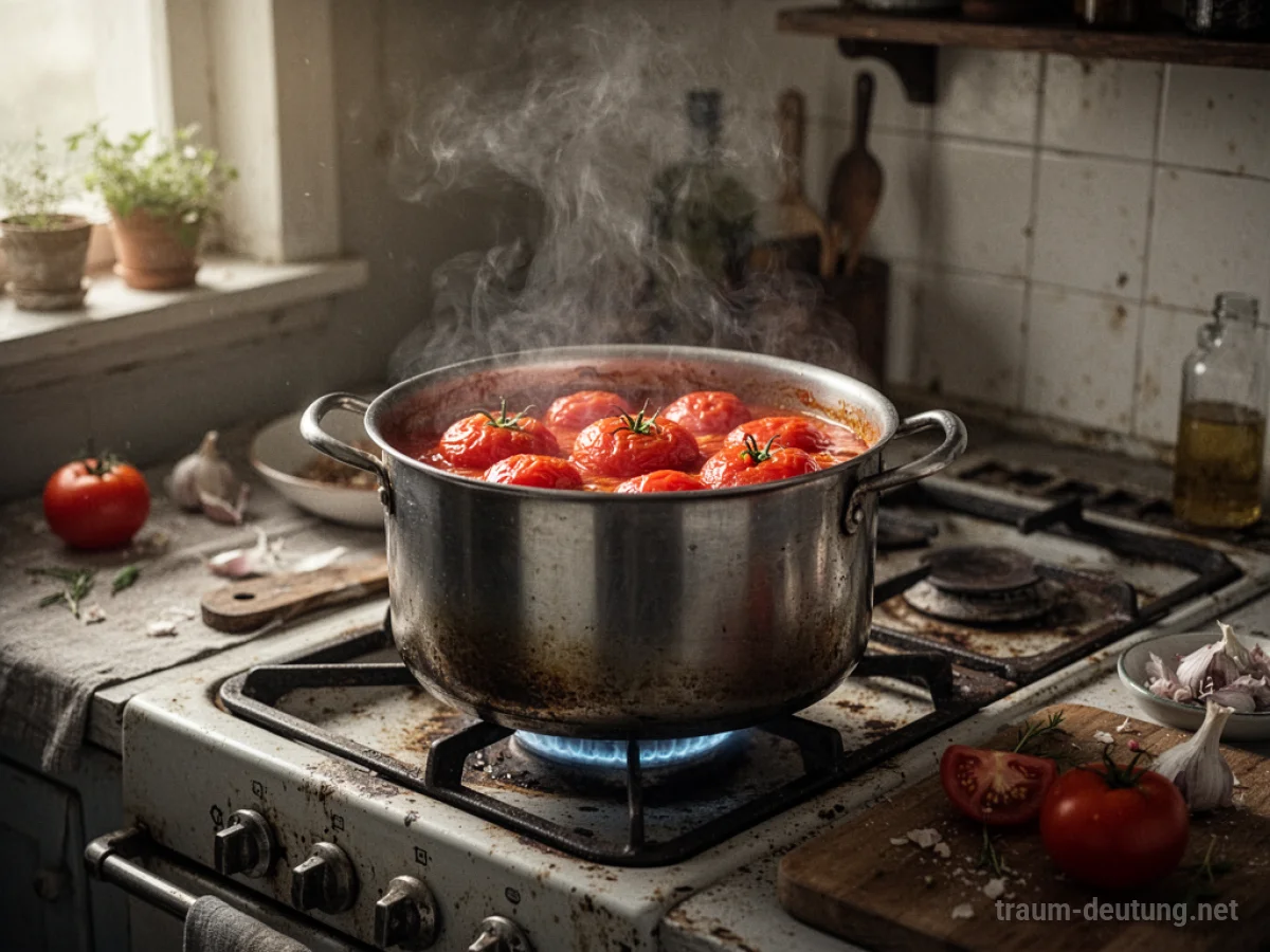 Ein Topf mit gekochten Tomaten auf einem Herd