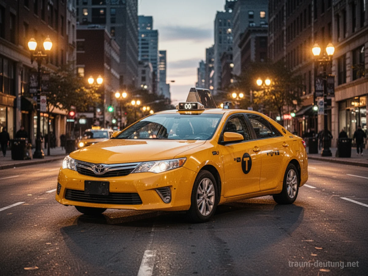 Ein gelbes Taxi fährt tagsüber eine belebte Stadtstraße entlang.