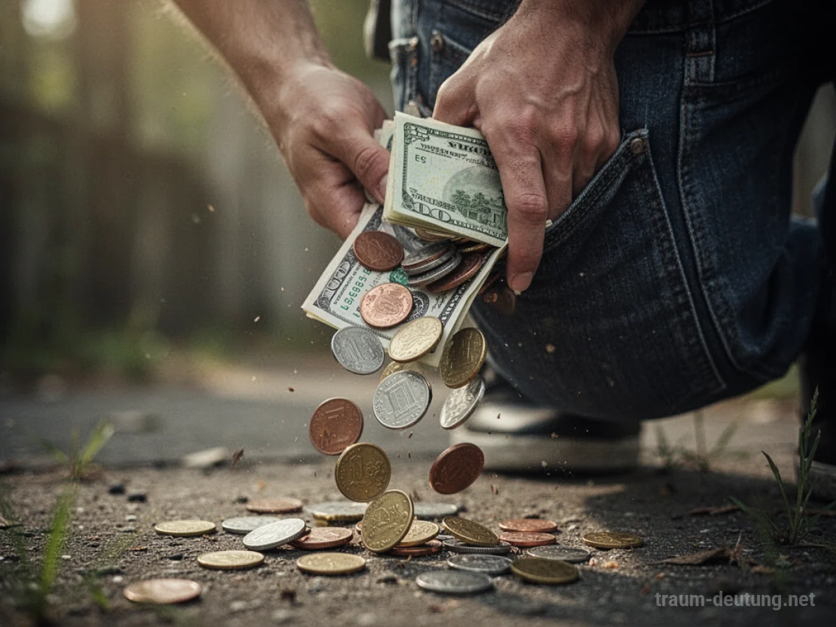 Geld fällt aus einer Tasche auf den Boden.
