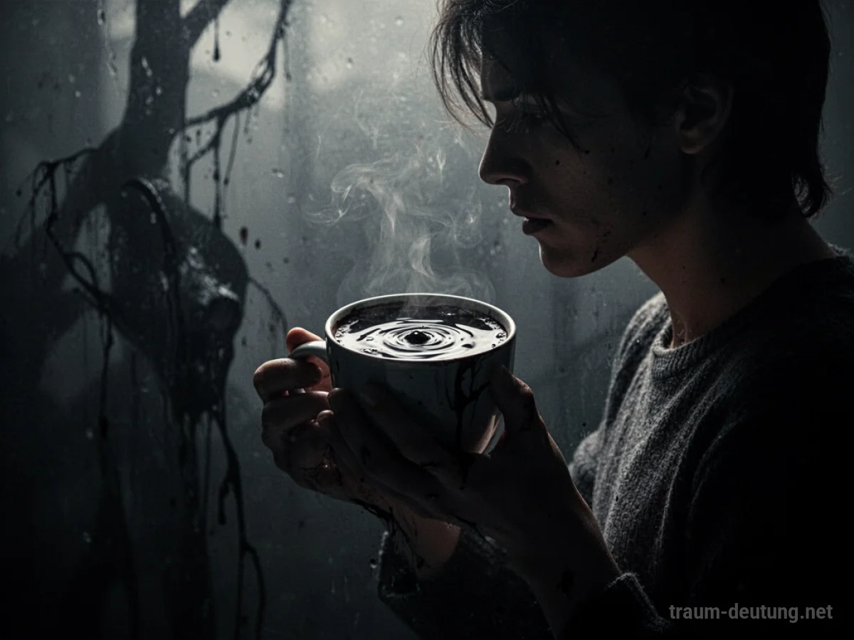Schattenhafte Figur mit einem Becher, der eine dunkle Flüssigkeit enthält.