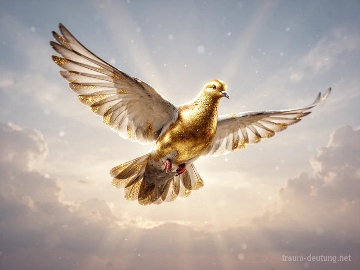 Eine leuchtende goldene Taube fliegt im Traum vor einem sanften Himmel.