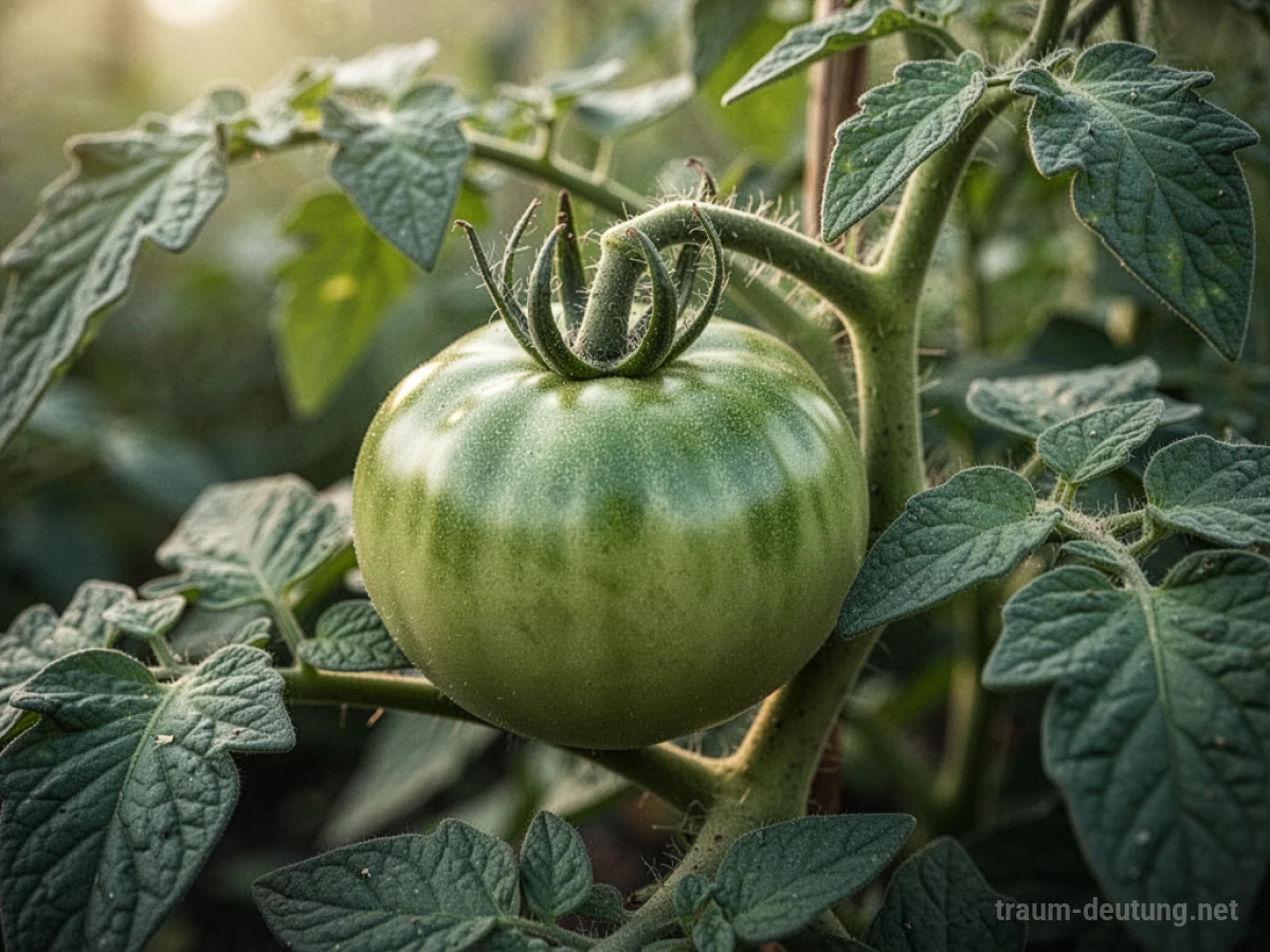 Eine einzelne grüne Tomate an einem Strauch mit Blättern.
