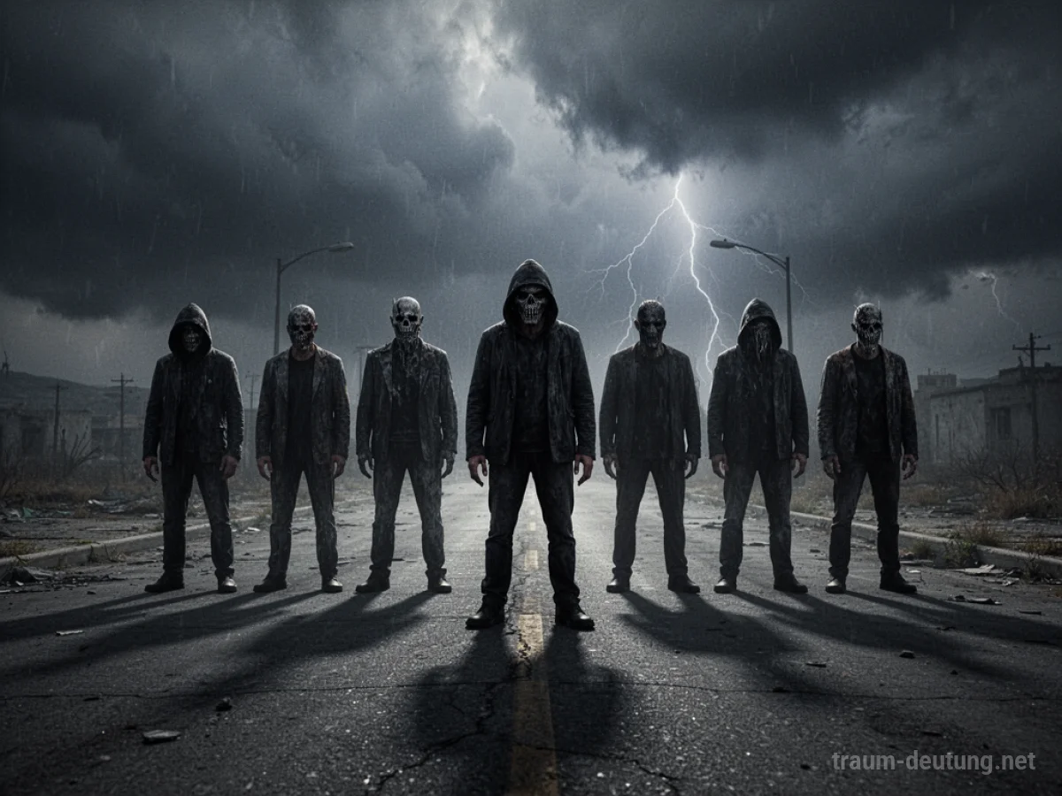 Schattenhafte Gruppe von Menschen steht auf einer leeren Straße unter stürmischem Himmel.