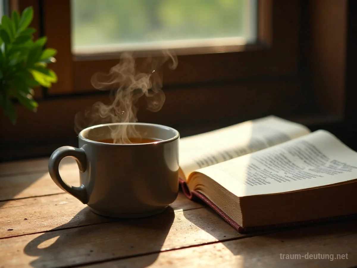 Eine dampfende Tasse Tee auf einem Holztisch im sanften Licht.