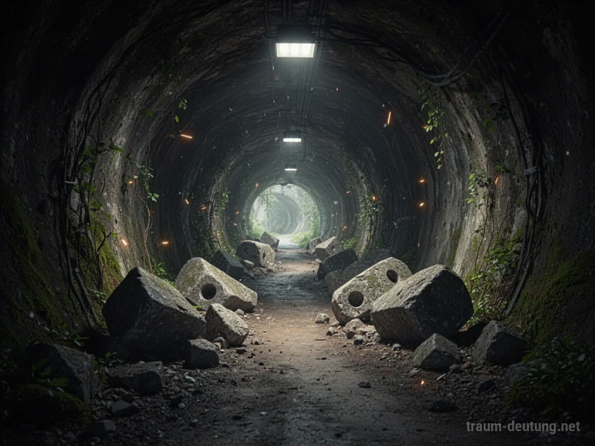 Ein dunkler Tunnel mit Hindernissen auf dem Weg, Licht am Ende sichtbar.