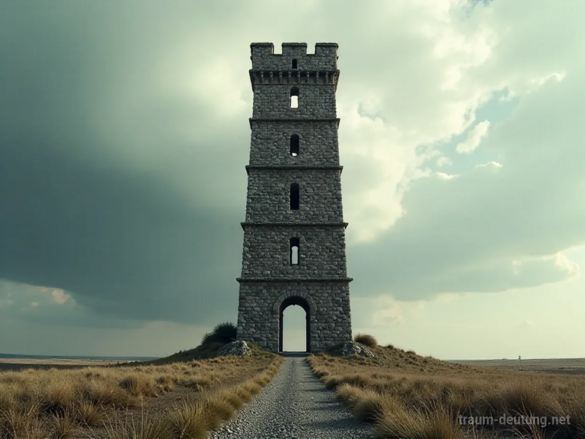 Ein hoher, einsamer Turm ragt in den Himmel, seine Spitze verliert sich in den Wolken.