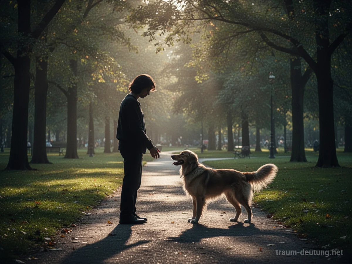 Eine Person trifft einen Hund auf einem Weg im Park.