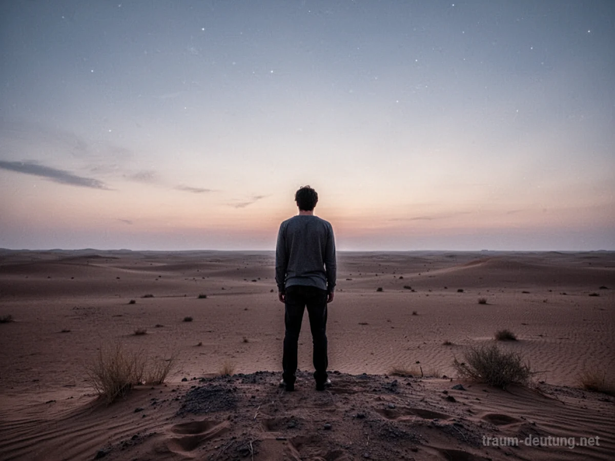 Einzelne Person steht am Horizont einer weiten Wüstenlandschaft im Zwielicht.
