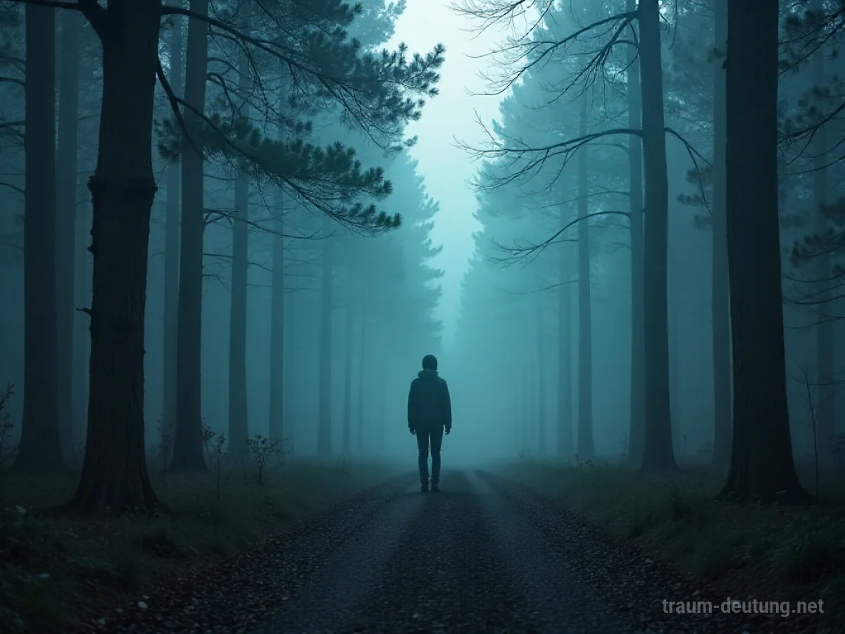 Silhouette eines Menschen an einer Weggabelung im Nebel.