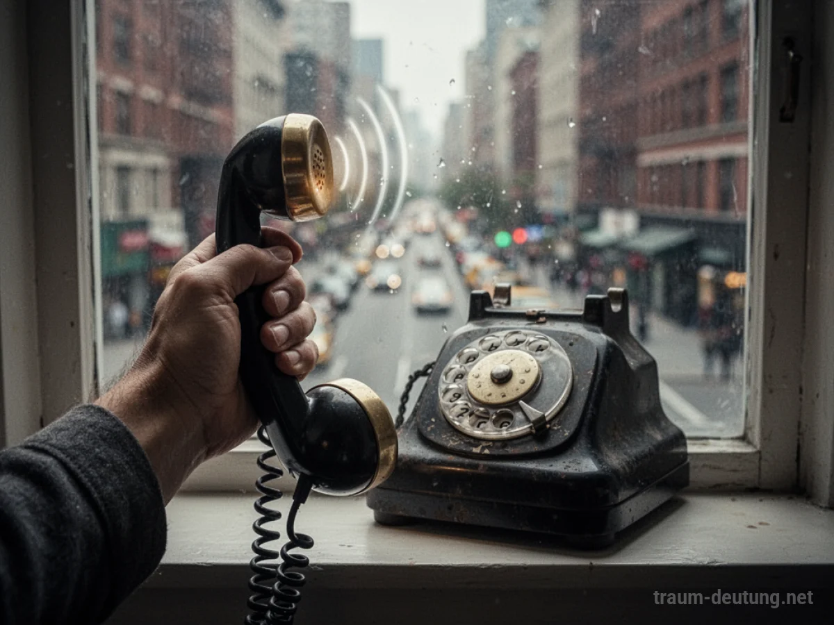 Hand hält ein altes Telefon, um ein Taxi zu rufen, im Hintergrund eine Stadtstraße.