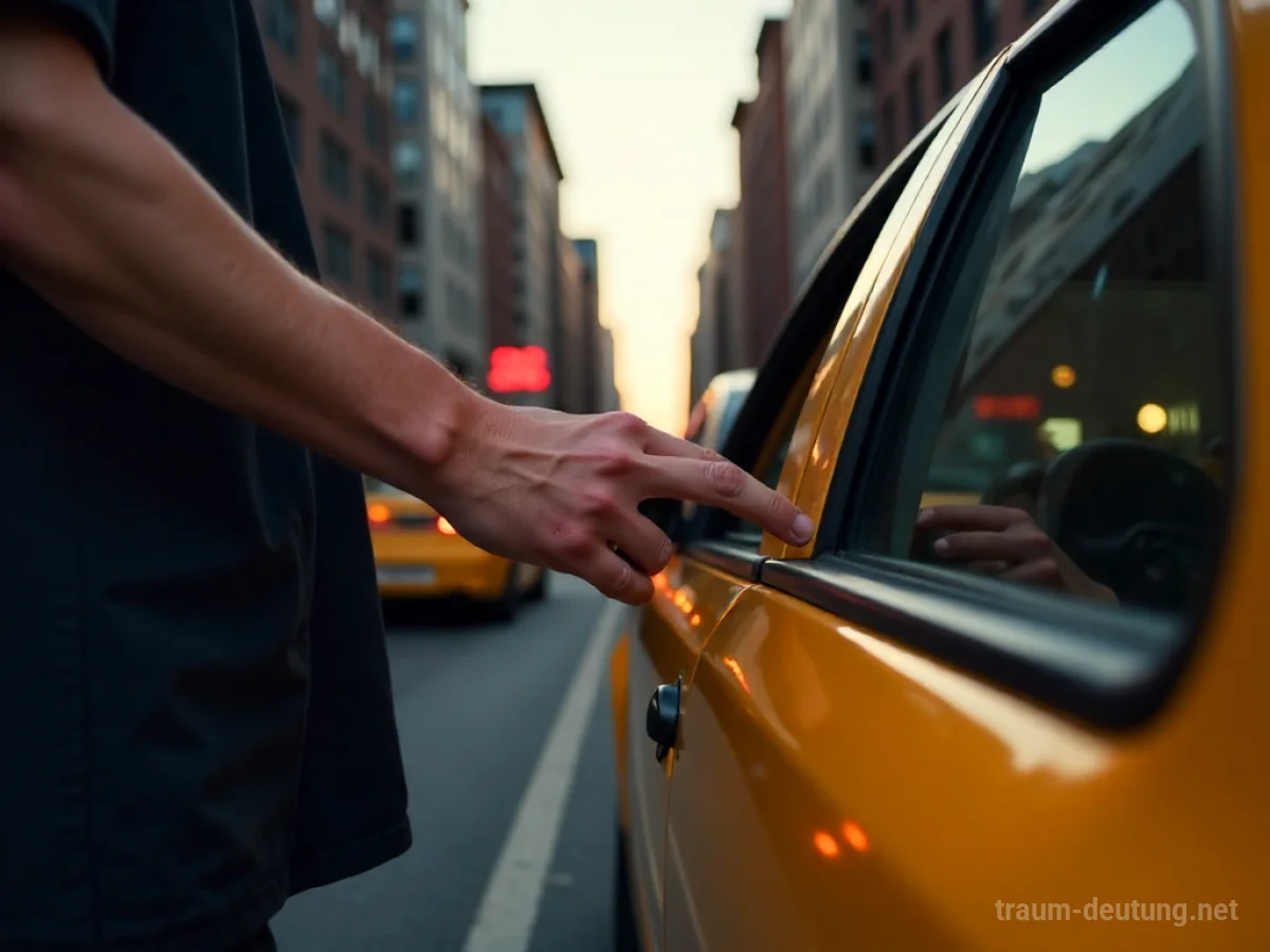 Hand greift nach offener Taxitür in einer Stadt bei Dämmerung.