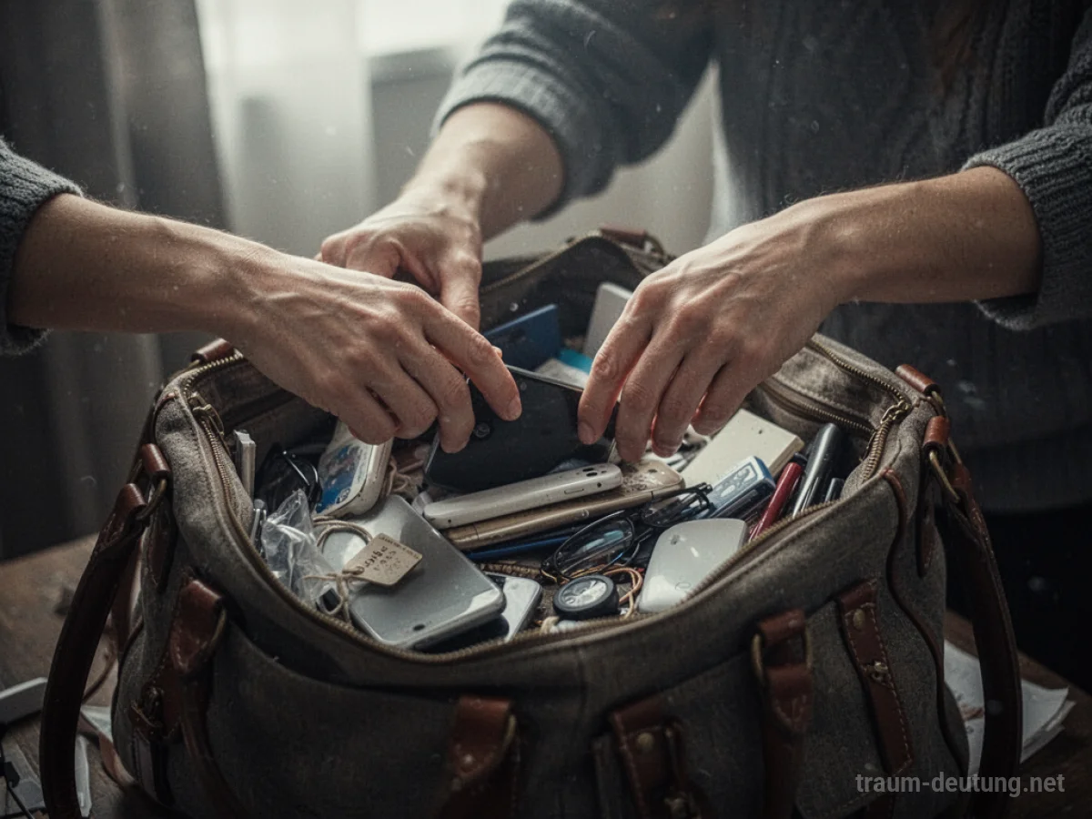 Hände suchen in einer vollen Tasche nach etwas Bestimmtem.