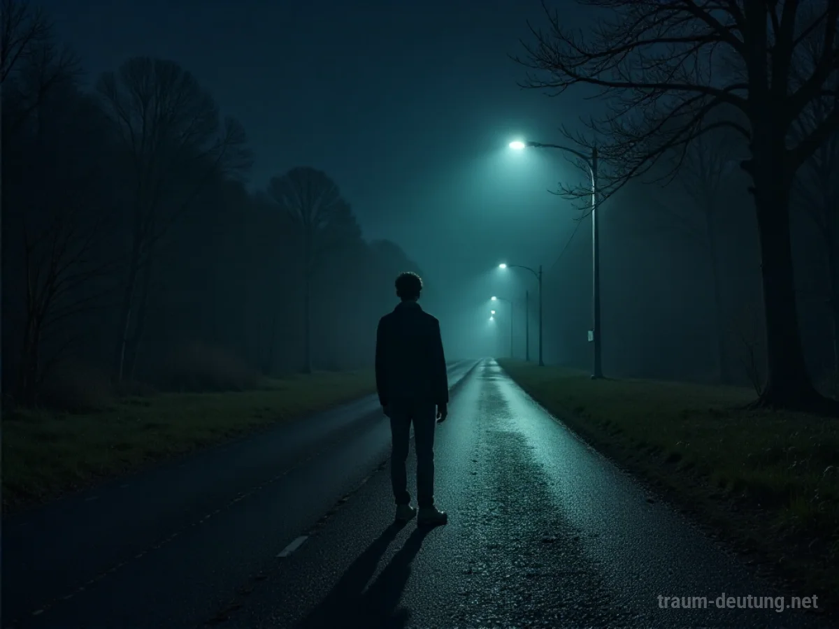 Eine Person sucht nachts auf einer dunklen Straße nach einem Taxi.