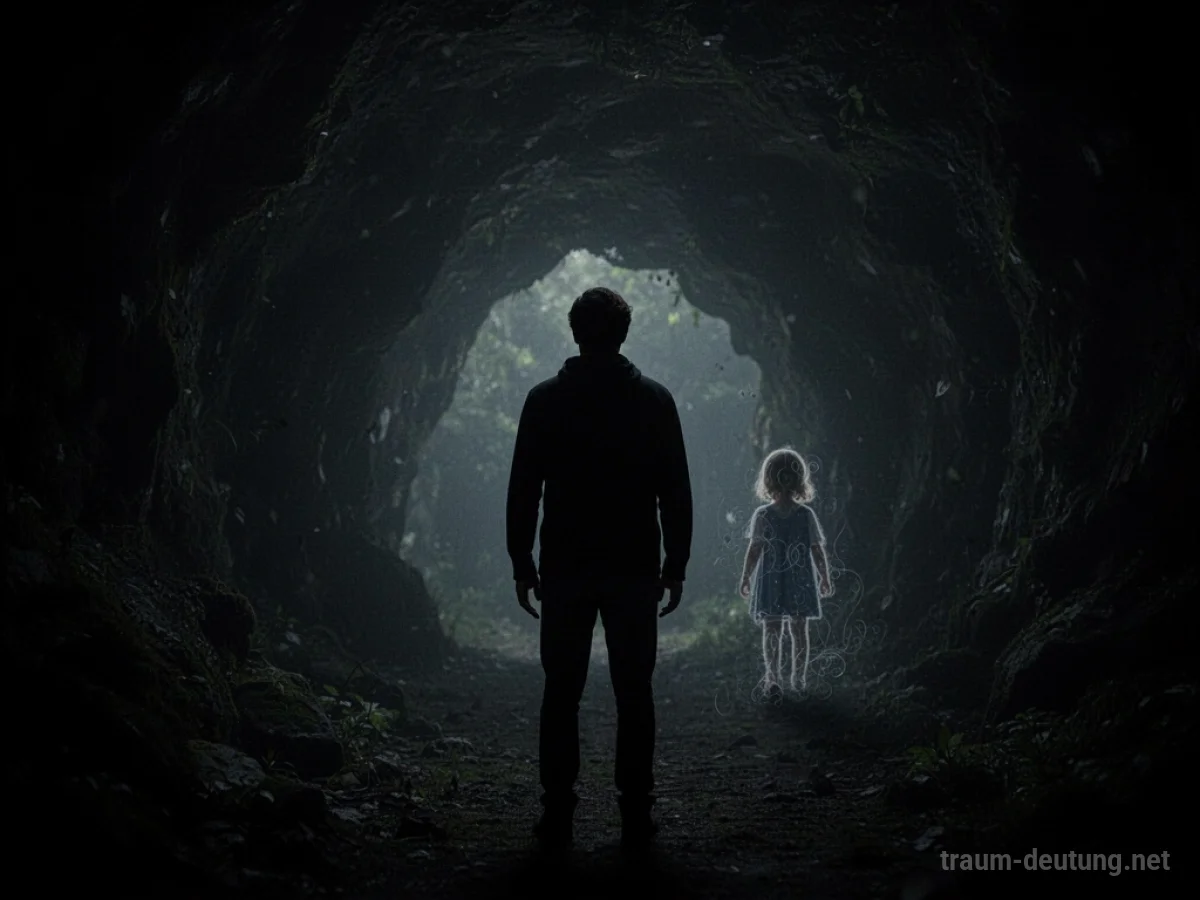 Silhouette einer Person vor dunklem Nichts, mit verschwindender Kinderfigur.