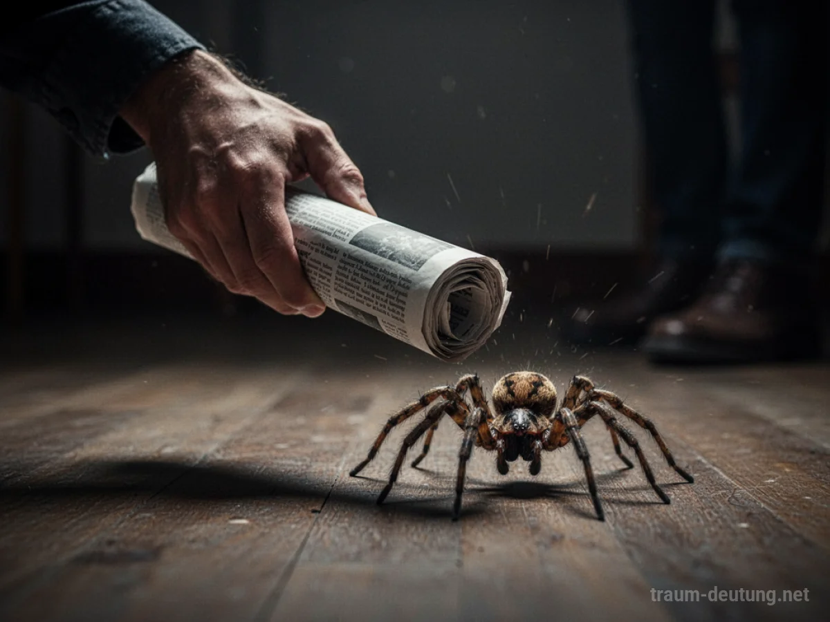 Hand mit Zeitung will Spinne im Traum erschlagen