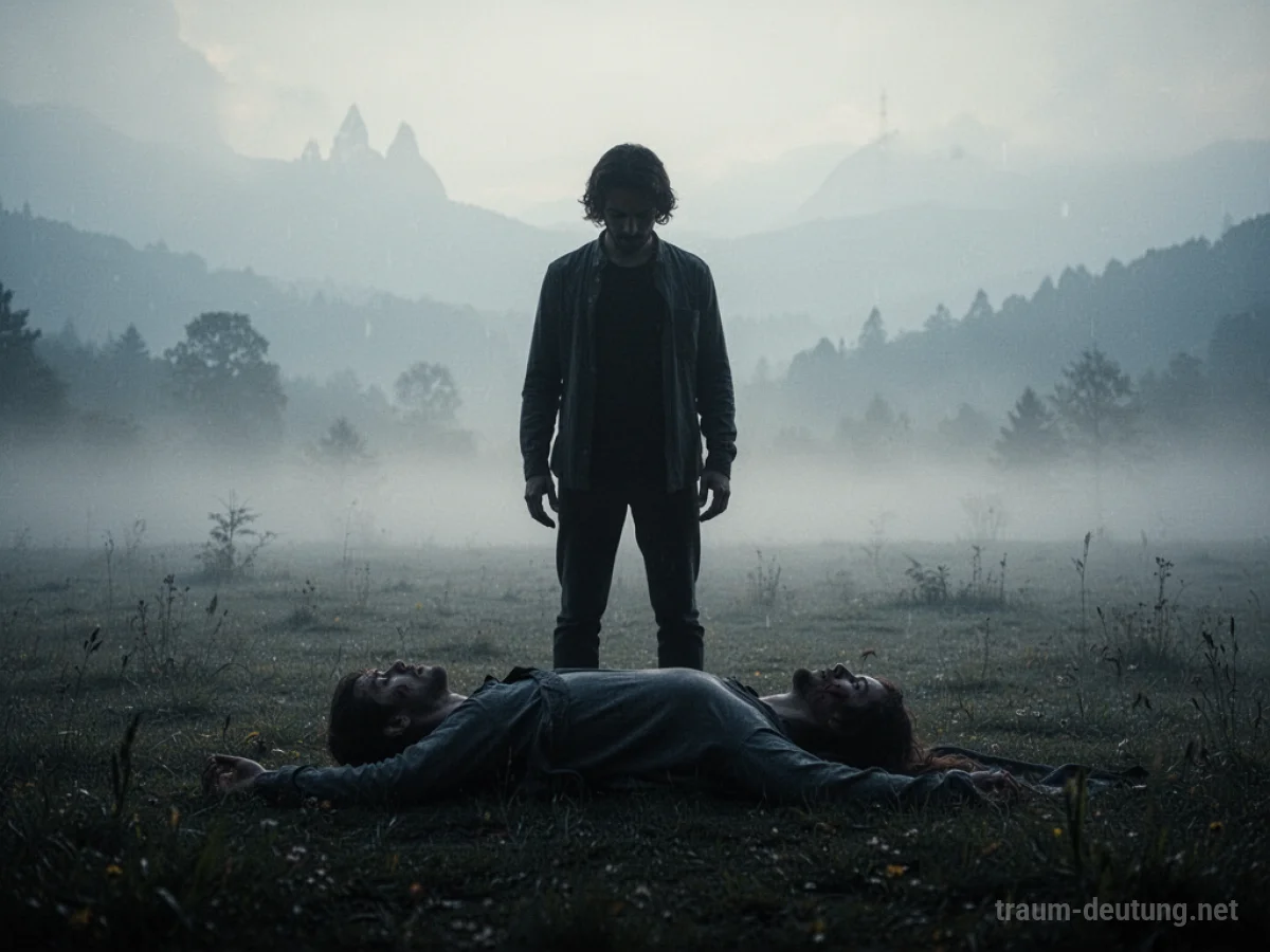 Silhouetten von zwei Personen in einer nebligen Traumlandschaft, eine über der anderen.