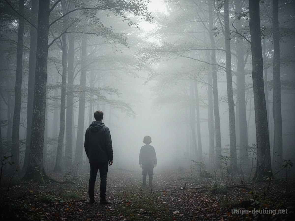 Gestalt im Nebel, die einer sich entfernenden Kinderfigur nachsieht.
