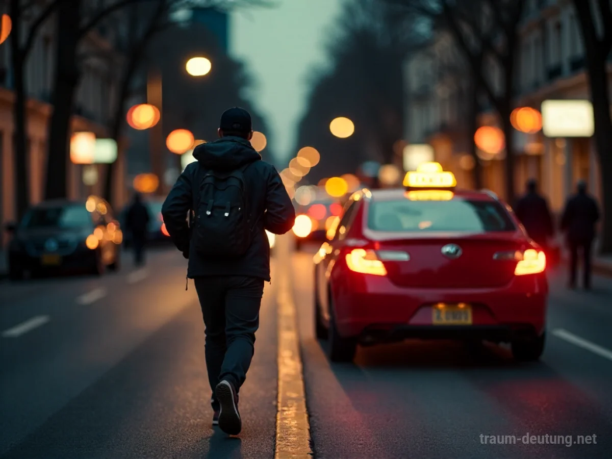Person rennt einem davonfahrenden Taxi hinterher auf einer Straße im Zwielicht.