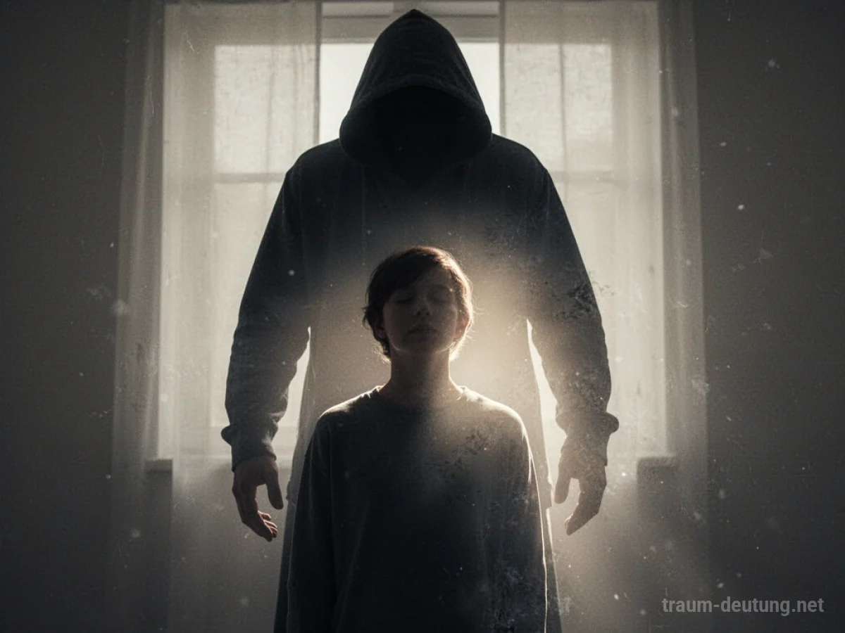 Silhouetten einer Person, die von einer dunklen Gestalt bedrängt wird, während sie beginnt, sich aufzulösen.