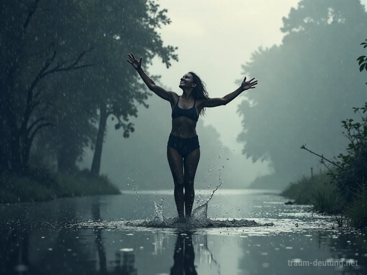 Silhouette einer Person, die fröhlich im Regen tanzt.