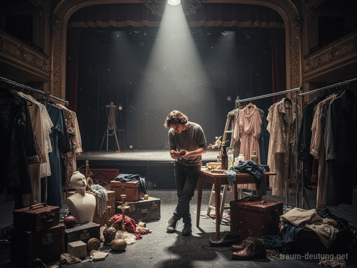 Person arbeitet hinter der Bühne im Theater, ordnet Requisiten und Kostüme.