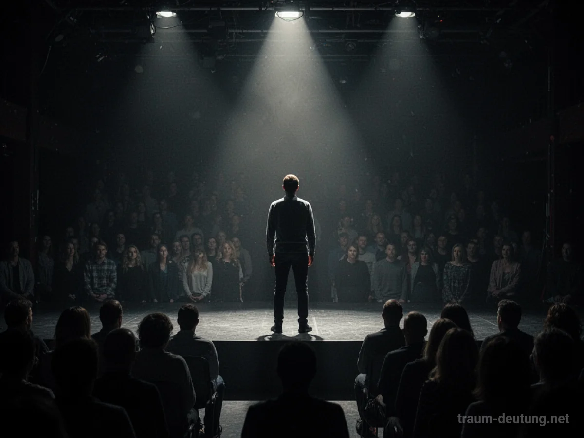 Silhouette einer Person auf einer dunklen Theaterbühne, von einem schattenhaften Publikum angeblickt.
