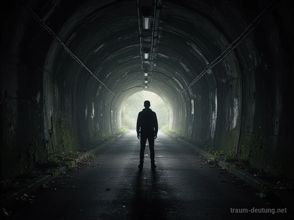 Eine Person steht in einem dunklen Tunnel und blickt auf ein fernes Licht.
