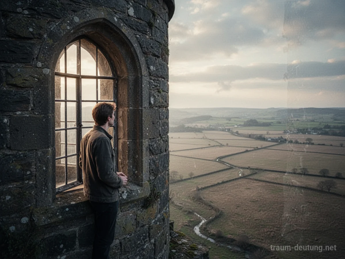Person blickt aus einem hohen Turmfenster in eine weite Landschaft.